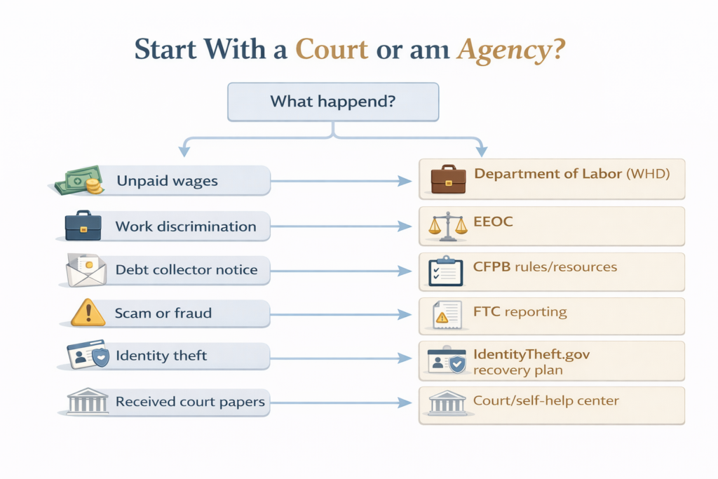 Decision flowchart for starting with a court or an agency in common US legal situations
