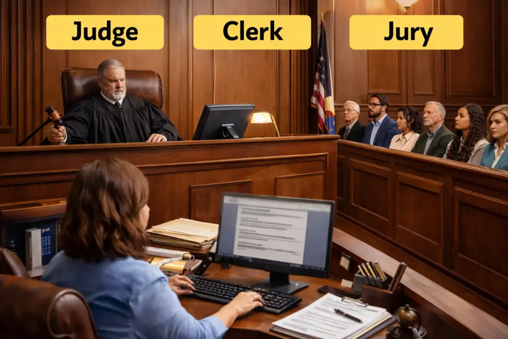 Judge, jury, and clerk basic legal terms